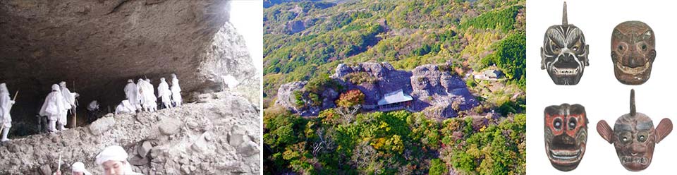 左：岩屋を巡る僧侶達（峯入り）/中：岩窟の寺院「五辻岩屋」/右：表情豊かな「くにさき」の鬼達イメージ